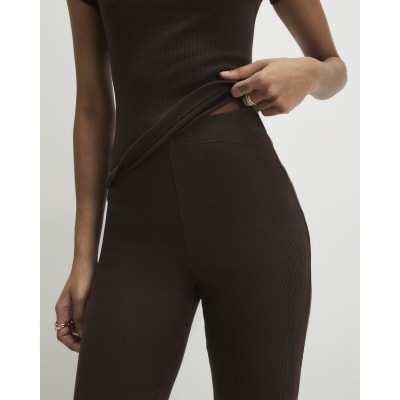 Brown High Waisted Ribbed Flare Leggings
