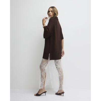 Brown Hybrid Lace Hem Midi Dress