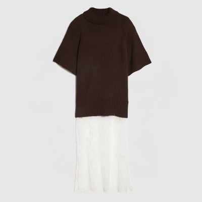 Brown Hybrid Lace Hem Midi Dress
