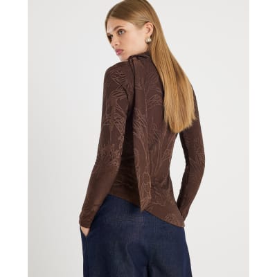 Brown Jacquard Scarf Tie Top