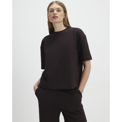 Brown Jacquard Short Sleeve Boxy T-shirt