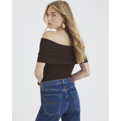 Brown Knit Bardot Top