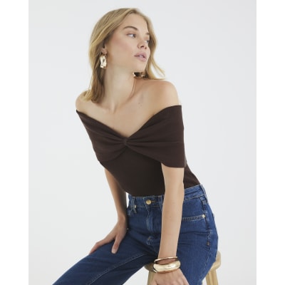 Brown Knit Bardot Top
