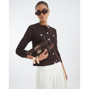 Brown Knit Fitted Button Up Cardigan