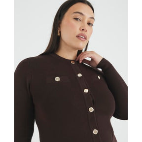 Brown Knit Fitted Button Up Cardigan