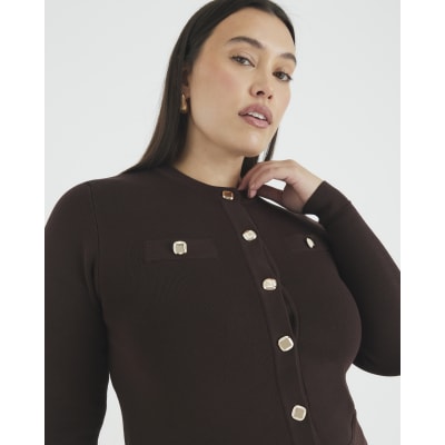 Brown Knit Fitted Button Up Cardigan