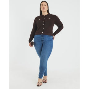 Brown Knit Fitted Button Up Cardigan