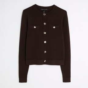 Brown Knit Fitted Button Up Cardigan