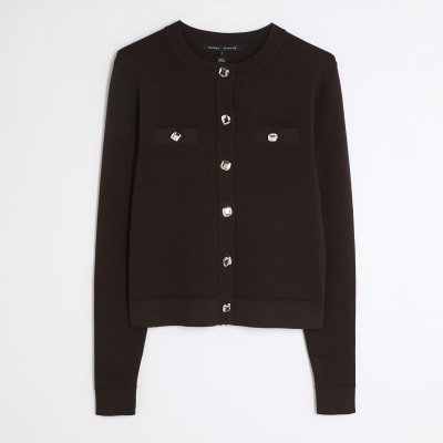 Brown Knit Fitted Button Up Cardigan
