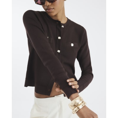 Brown Knit Fitted Button Up Cardigan