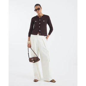 Brown Knit Fitted Button Up Cardigan