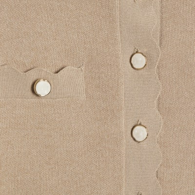 Brown Knit Fitted Scallop Trim Cardigan
