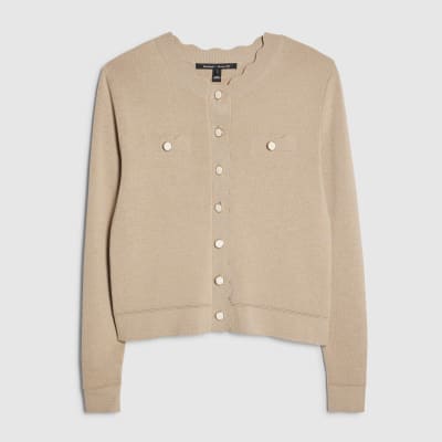Brown Knit Fitted Scallop Trim Cardigan