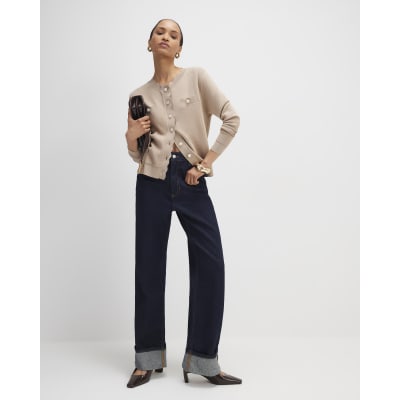Brown Knit Fitted Scallop Trim Cardigan
