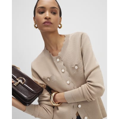 Brown Knit Fitted Scallop Trim Cardigan