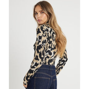 Brown Knit Leopard Print High Neck Top