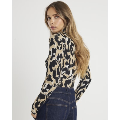 Brown Knit Leopard Print High Neck Top