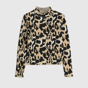Brown Knit Leopard Print High Neck Top