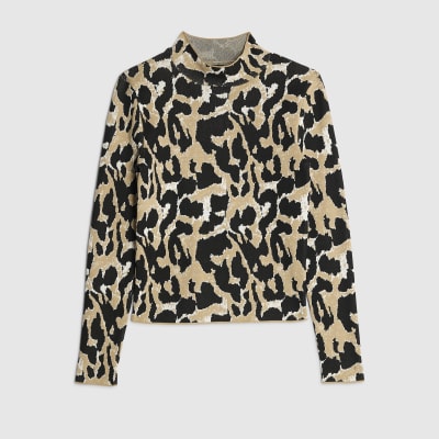 Brown Knit Leopard Print High Neck Top