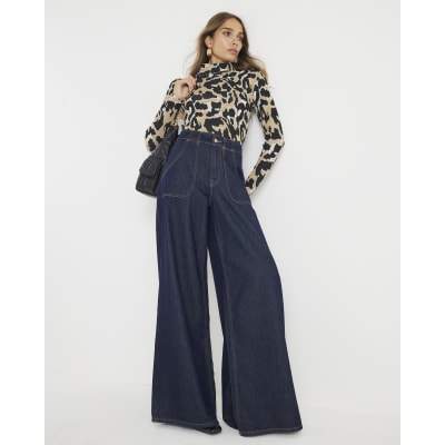 Brown Knit Leopard Print High Neck Top