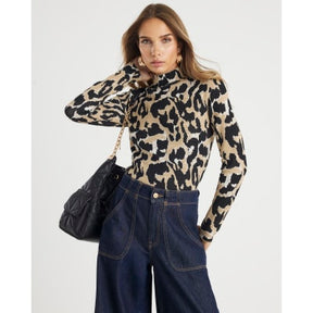Brown Knit Leopard Print High Neck Top