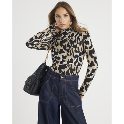 Brown Knit Leopard Print High Neck Top