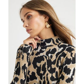 Brown Knit Leopard Print High Neck Top