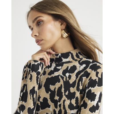 Brown Knit Leopard Print High Neck Top
