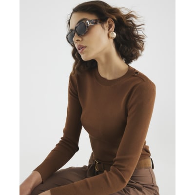 Brown Knit Long Sleeve Top