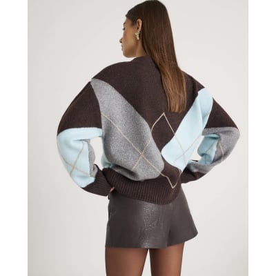 Brown Knitted Argyle V Neck Jumper