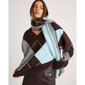 Brown Knitted Argyle V Neck Jumper