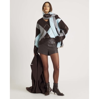 Brown Knitted Argyle V Neck Jumper