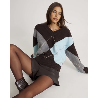 Brown Knitted Argyle V Neck Jumper