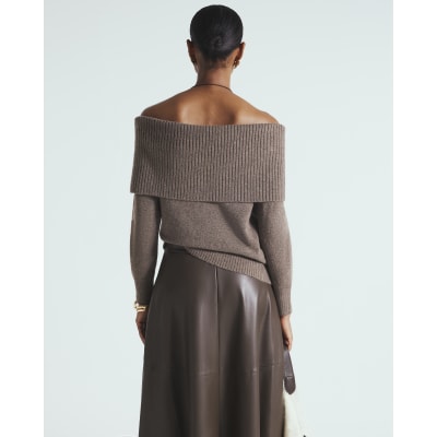 Brown Knitted Bardot Jumper