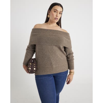 Brown Knitted Bardot Jumper