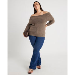 Brown Knitted Bardot Jumper