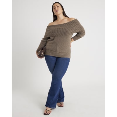 Brown Knitted Bardot Jumper