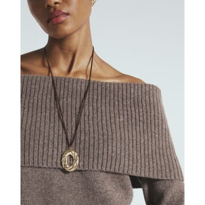 Brown Knitted Bardot Jumper