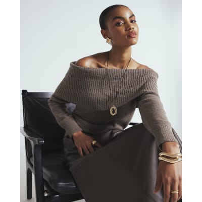 Brown Knitted Bardot Jumper