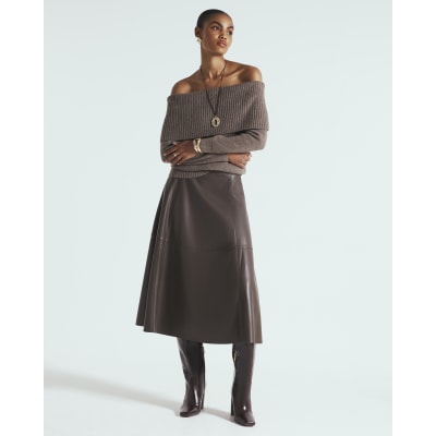 Brown Knitted Bardot Jumper