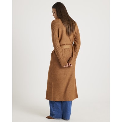Brown Knitted Belted Maxi Cardigan