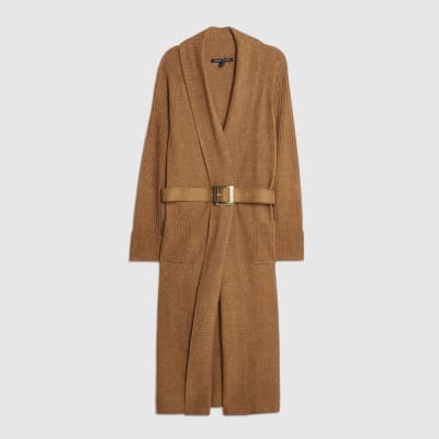 Brown Knitted Belted Maxi Cardigan