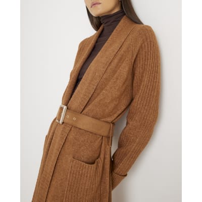 Brown Knitted Belted Maxi Cardigan