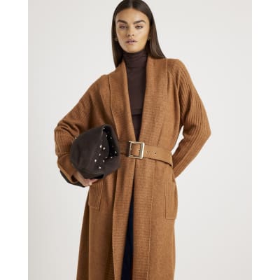 Brown Knitted Belted Maxi Cardigan