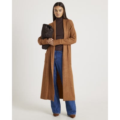 Brown Knitted Belted Maxi Cardigan