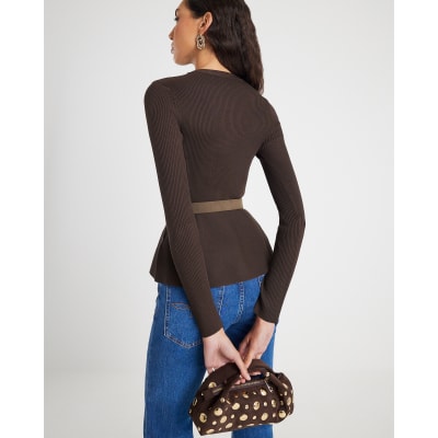 Brown Knitted Belted Peplum Top