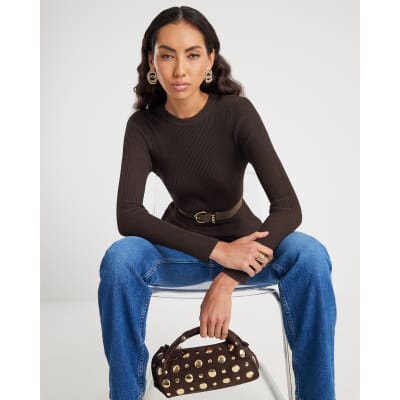 Brown Knitted Belted Peplum Top