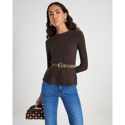 Brown Knitted Belted Peplum Top