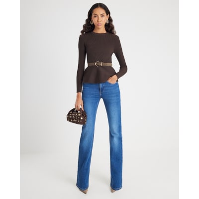 Brown Knitted Belted Peplum Top
