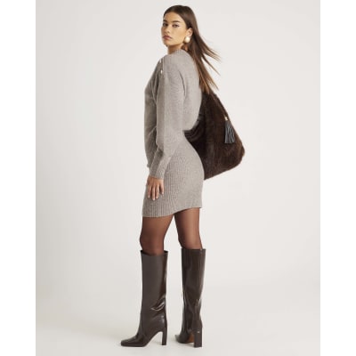 Brown Knitted Button Detail Mini Jumper Dress